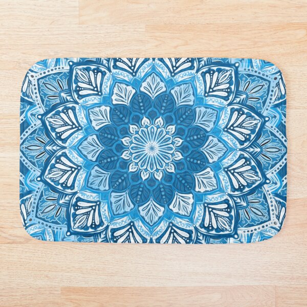 Boho Mandala in Monochrome Blue and White Bath Mat