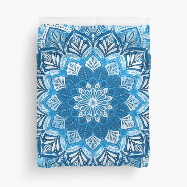 Boho Mandala in Monochrome Blue and White Duvet Cover