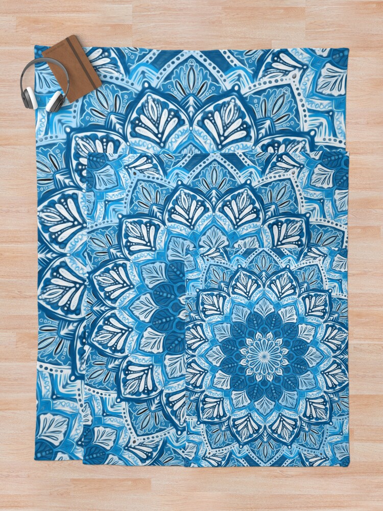 Alternate view of Boho Mandala in Monochrome Blue and White Throw Blanket