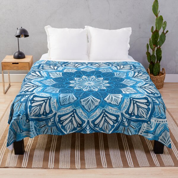Boho Mandala in Monochrome Blue and White Throw Blanket