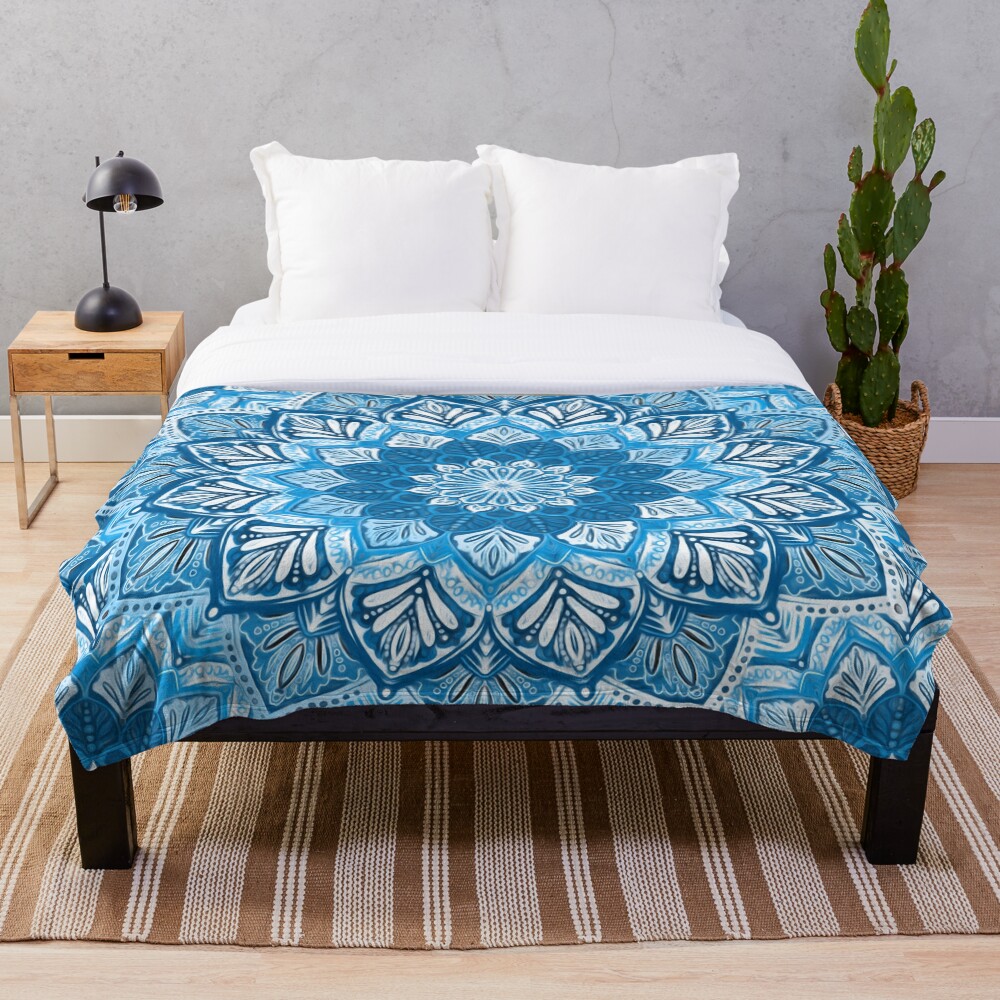 Boho Mandala in Monochrome Blue and White Throw Blanket