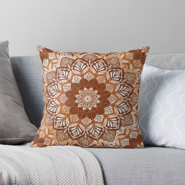 Boho Mandala in Monochrome Brown and Cream Throw Pillow