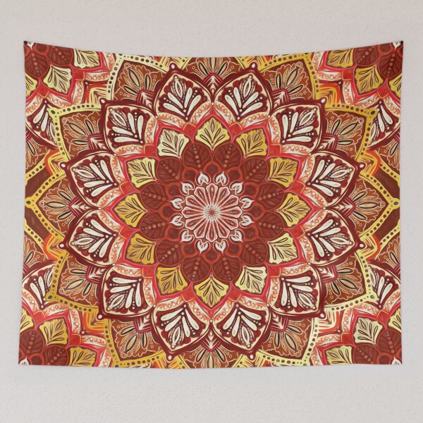 Aperçu de l'œuvre Boho Mandala en rouge foncé et or créée et vendue par micklyn.