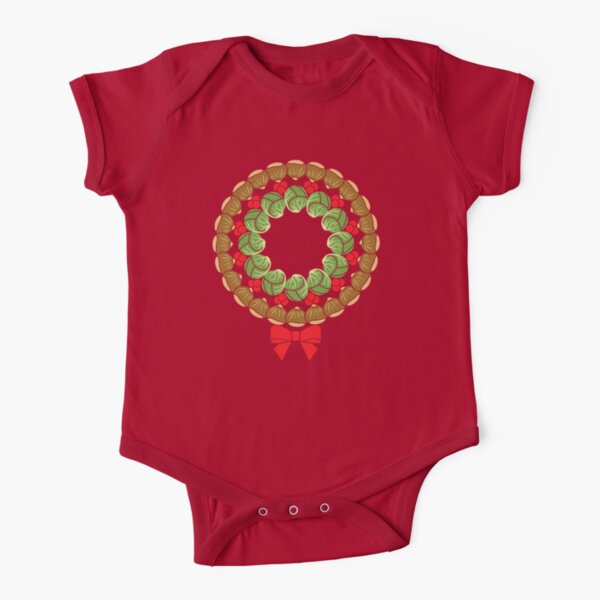 Christmas wreath of Brussels sprouts chestnuts cranberries pattern Short Sleeve Baby One-Piece