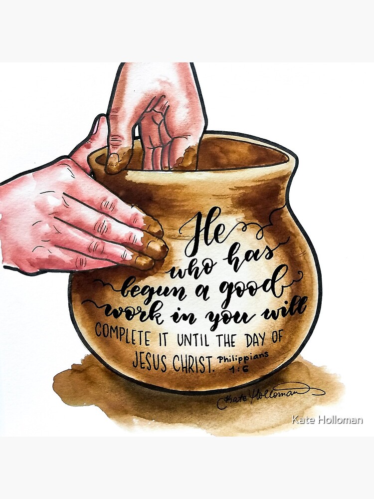"Potter’s Hands. Christian watercolor painting with a handlettered