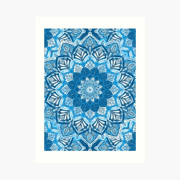 Boho Mandala in Monochrome Blue and White Art Print