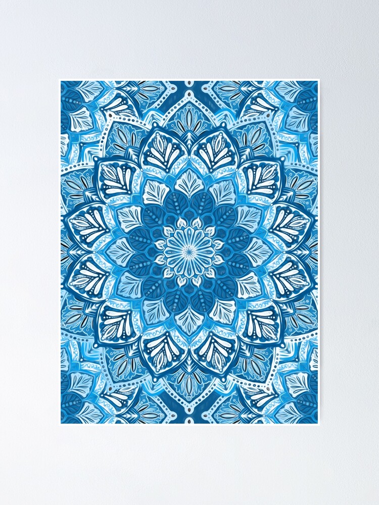 Alternate view of Boho Mandala in Monochrome Blue and White Poster