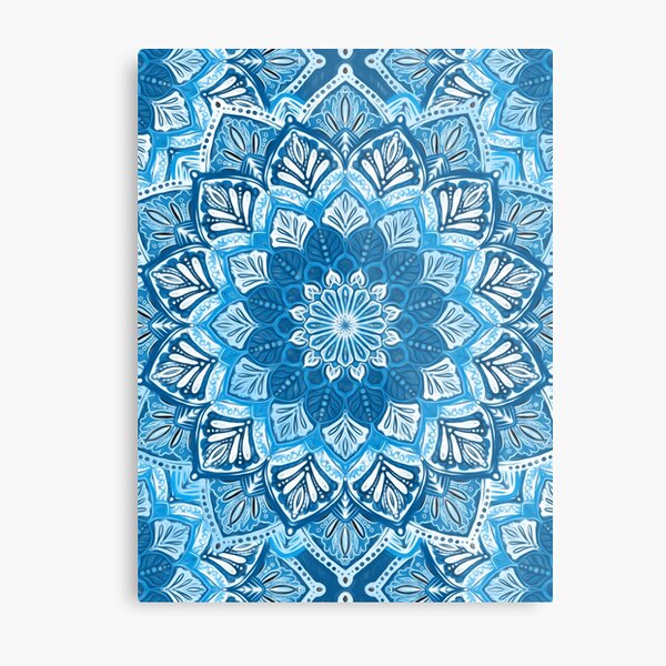 Boho Mandala in Monochrome Blue and White Metal Print