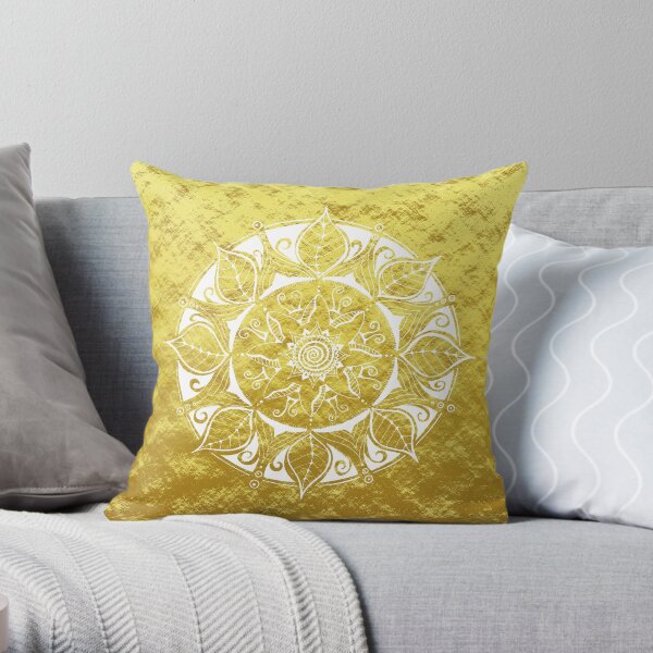 beautiful hand painted mandala in white on gold Throw Pillow