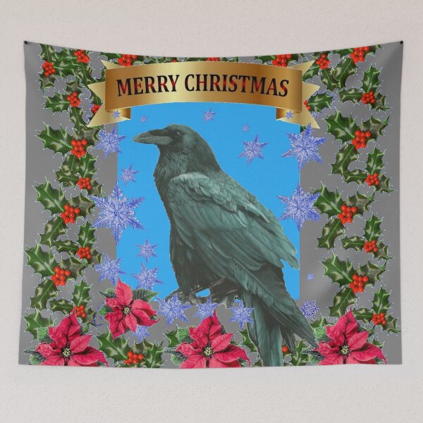 Item preview, BLACK RAVEN "MERRY CHRISTMAS" HOLLY POINSETTIAS  HOLIDAY ART, designed and sold by sharlesart.