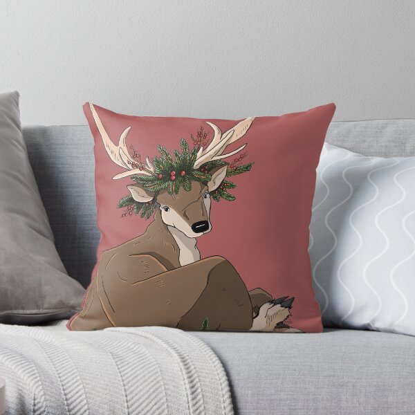 Antlers & Holly Throw Pillow