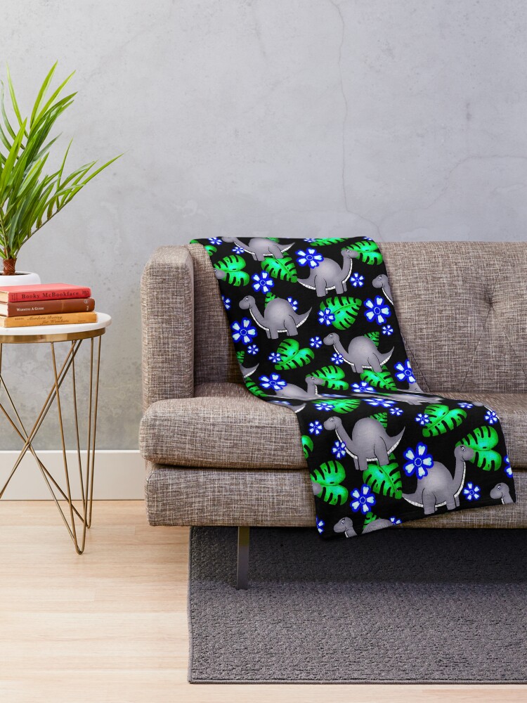 Alternate view of Prehistoric Grey / Dinosaurs and Monstera Throw Blanket