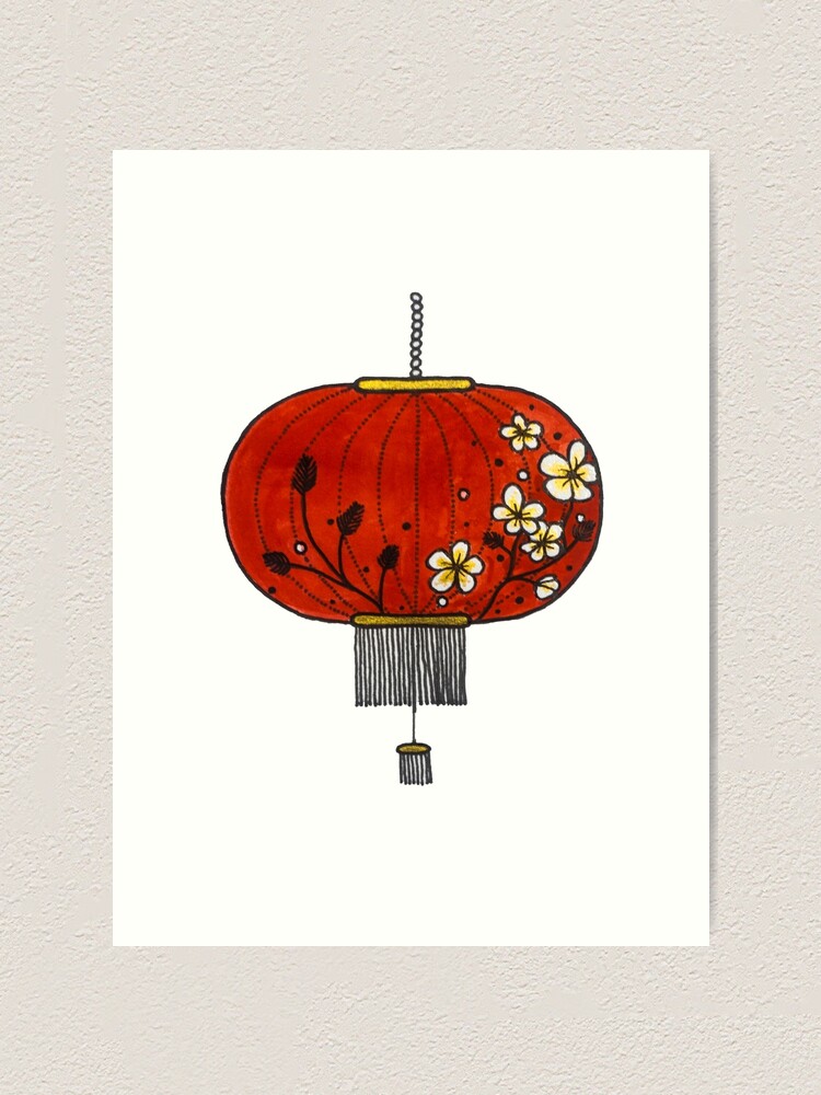 Chinese lantern red gold and flowers - drawing watercolor handmade | Art  Print