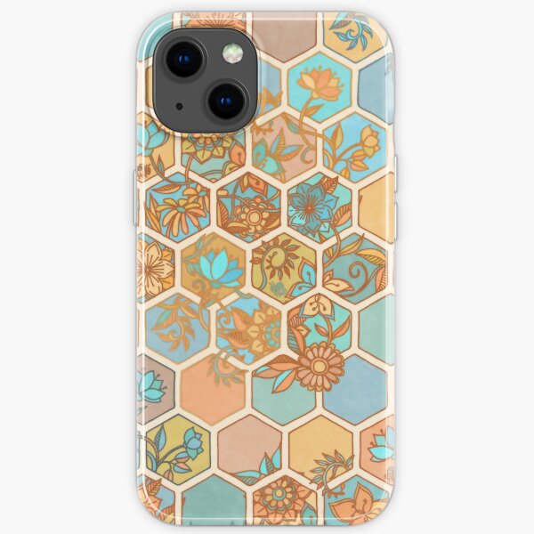 Golden Honeycomb Tangle - hexagon doodle in peach, blue, mint & cream iPhone Soft Case