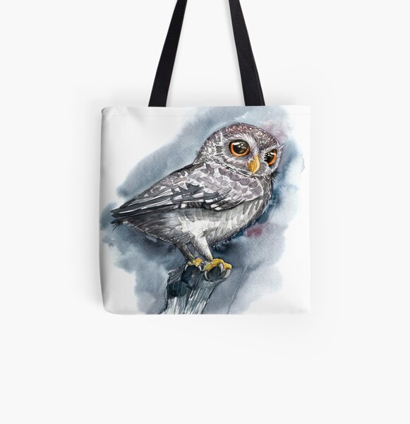 Watercolor Proud Grey Owl with Big Eyes All Over Print Tote Bag