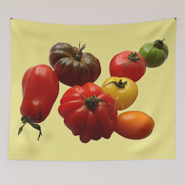 Item preview, Seven varieties of tomatoes on iris yellow background designed and sold by AHELENE.