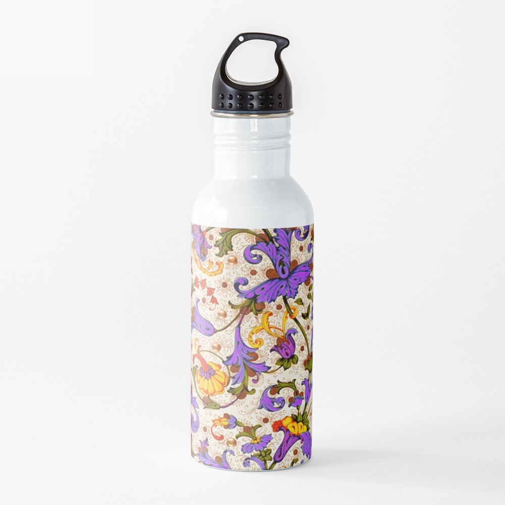 FLORENTINE RENAISSANCE FLORAL Gold Yellow Purple Flowers,Swirls,Fruits, Leaves Water Bottle