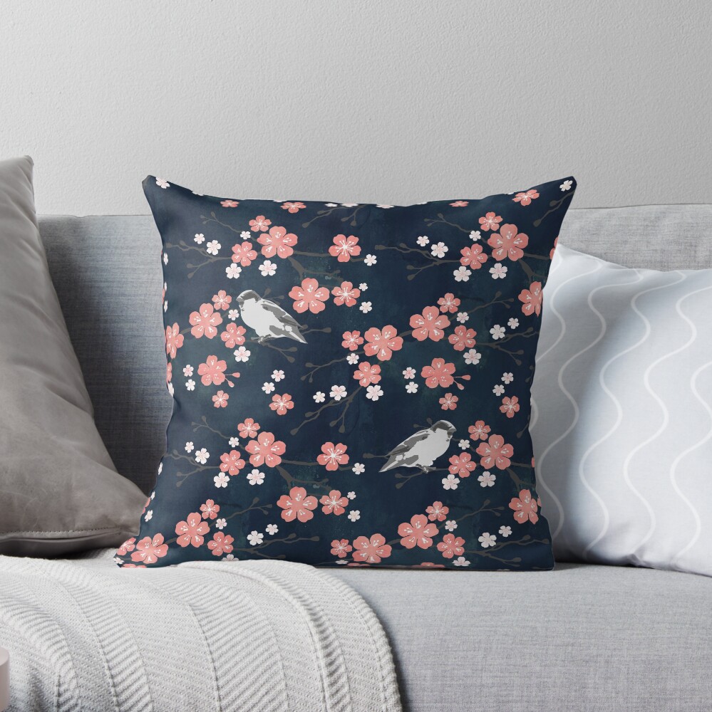 Navy and pink bird cherry blossom Throw Pillow