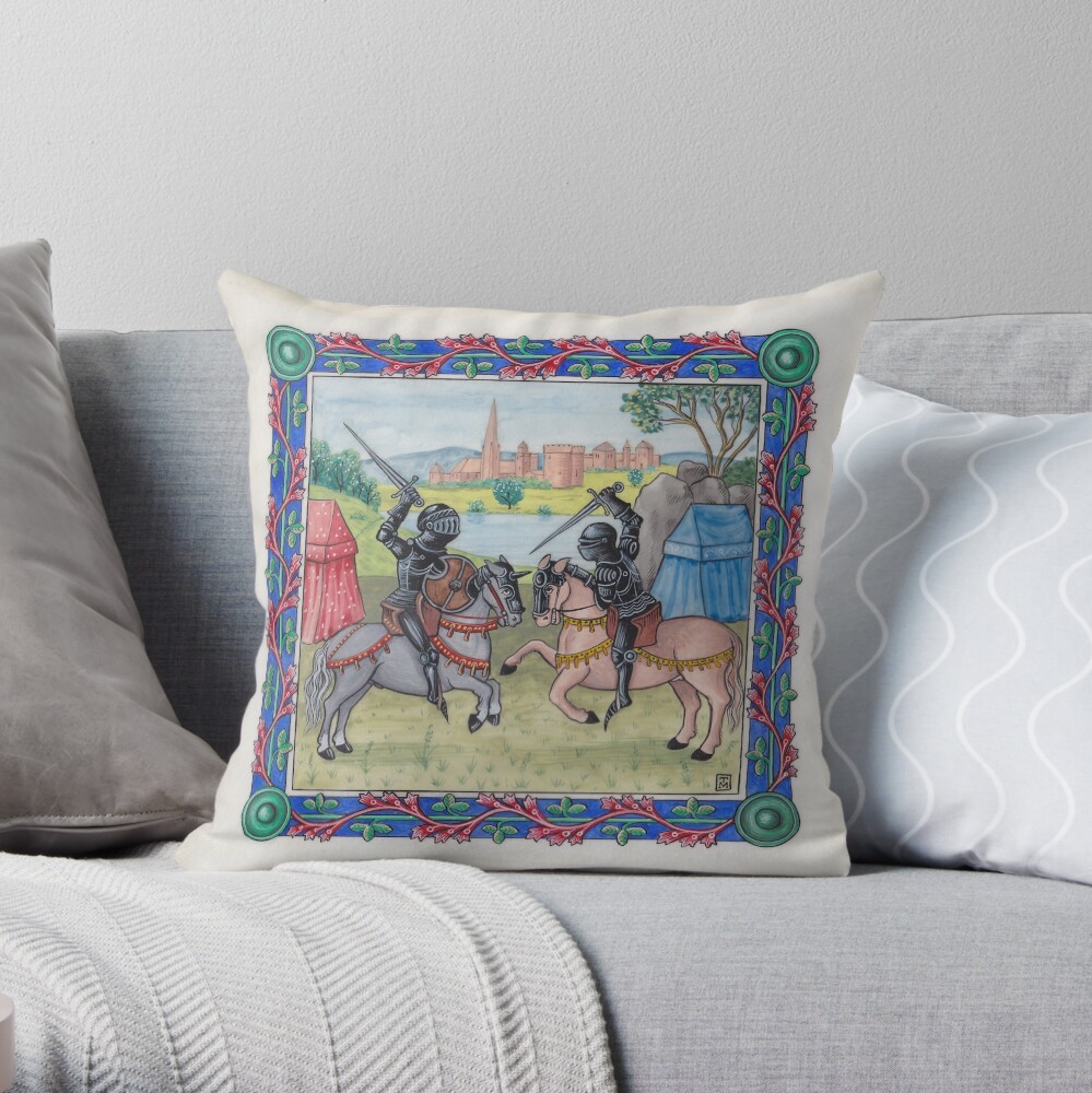 Medieval Illumination - Knights Battling Throw Pillow