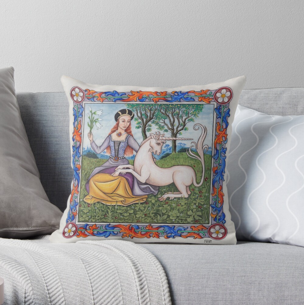 Medieval Illumination - Virgin & Unicorn Throw Pillow