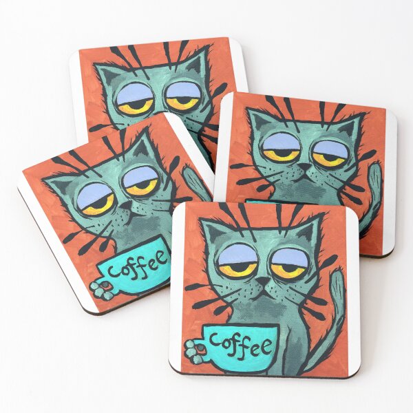 Item preview, Sleepy Kitty Cat with coffee designed and sold by AndreaBArtsy.
