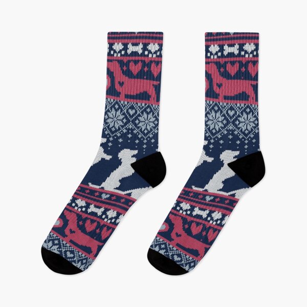 Item preview, Fair Isle Knitting Doxie Love // navy blue background white and red dachshunds dogs bones paws and hearts designed and sold by SelmaCardoso.