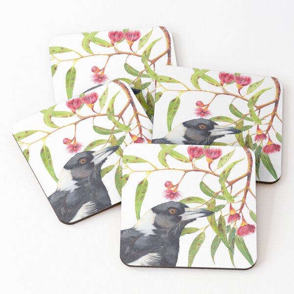 Item preview, Australian Magpie and eucalyptus blossoms watercolour painting designed and sold by Zoya Makarova.