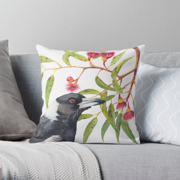 Australian Magpie and eucalyptus blossoms watercolour painting Throw Pillow