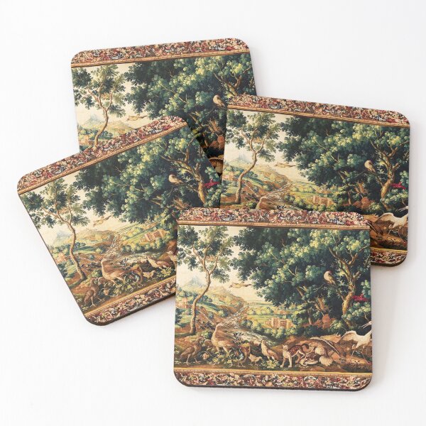Aperçu de l'œuvre ANIMAUX SAUVAGES, OISEAUX ET CASCADES DANS LES BOIS Tapisserie flamande pittoresque créée et vendue par BulganLumini.