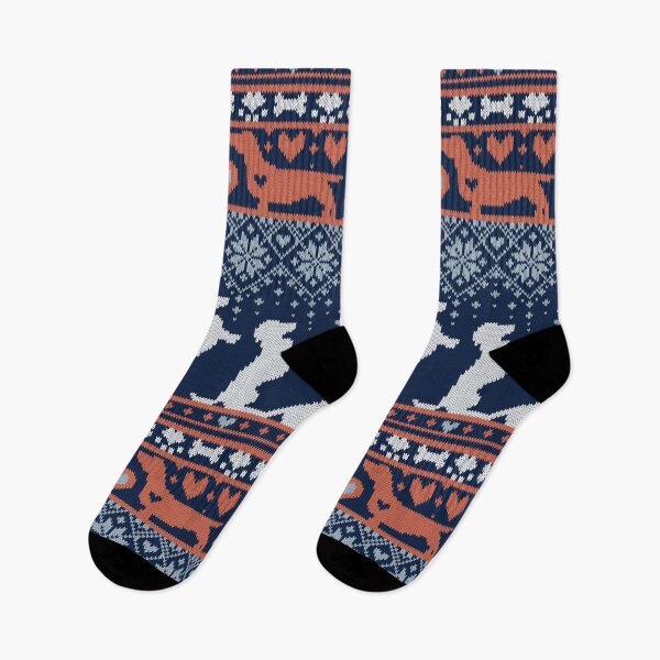 Item preview, Fair Isle Knitting Doxie Love // navy blue background white and orange dachshunds dogs bones paws and hearts designed and sold by SelmaCardoso.