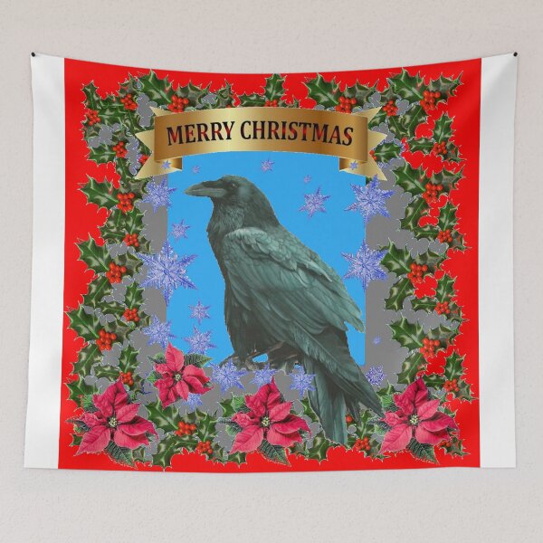 Item preview, BLACK RAVEN WILDLIFE RED "MERRY CHRISTMAS" WITH GREEN HOLLY designed and sold by sharlesart.