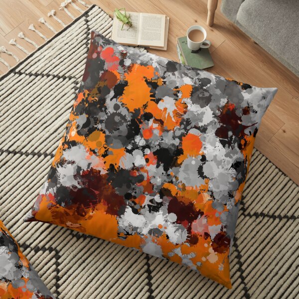 Orange and Grey Paint Splatter Floor Pillow