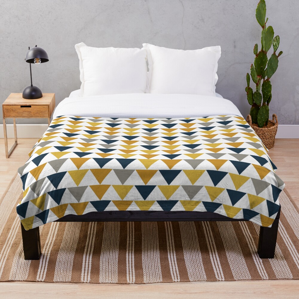 Arrows: Light Mustard Yellow, Dark Mustard Yellow, Dark Blue, Grey, and White Geometric Pattern Throw Blanket