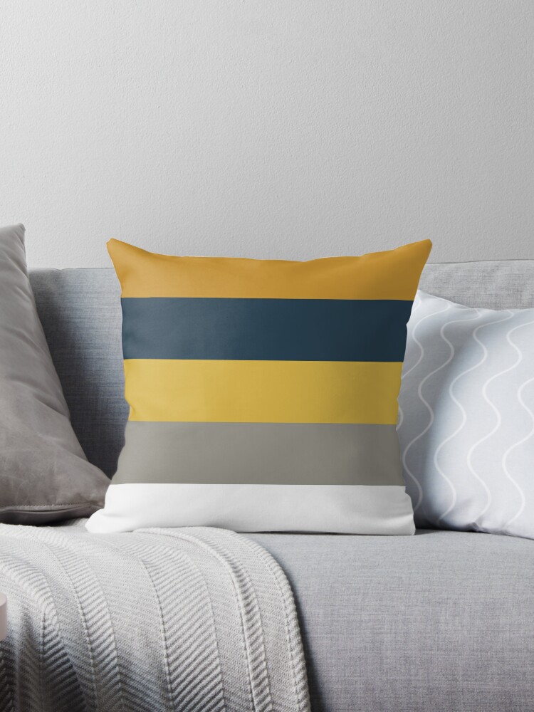 Throw Pillow, Broad Stripes Pattern in Light and Dark Mustard Yellow, Grey, White, and Navy Blue  designed and sold by kierkegaard