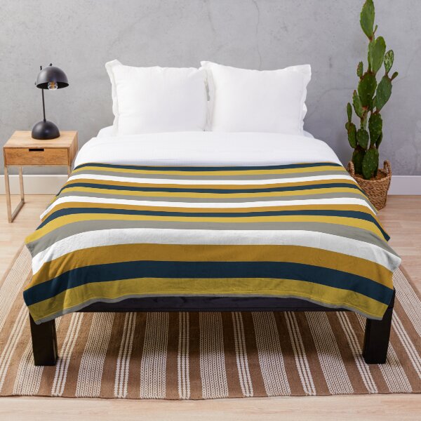 Broad Stripes in Light and Dark Mustard Yellow, Grey, White, and Navy Blue Throw Blanket