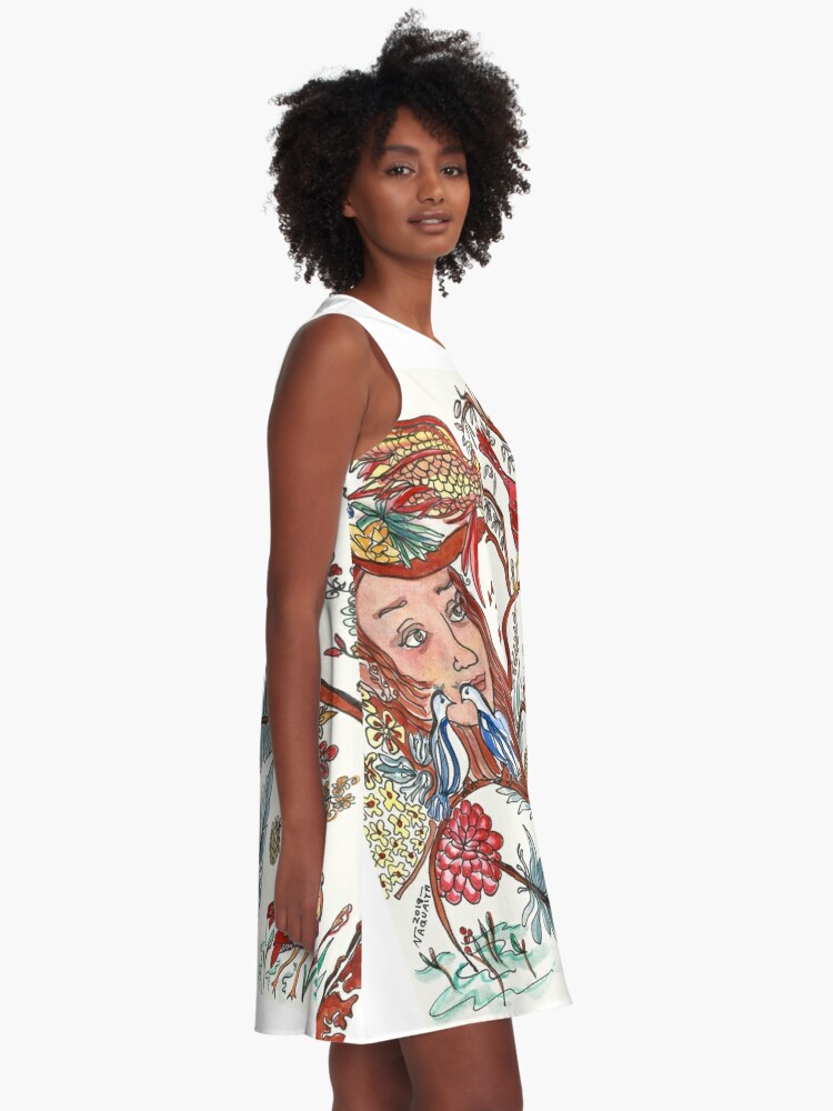 Alternate view of Girl with Birds and Feathers Watercolor A-Line Dress