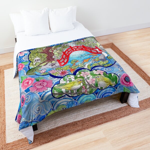Japanese zen garden with cherry blossom, pagoda, bridge, koi pond and waterfall Comforter