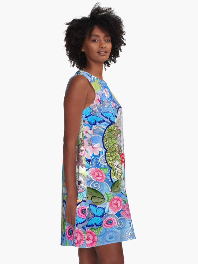Alternate view of Japanese zen garden with cherry blossom, pagoda, bridge, koi pond and waterfall A-Line Dress