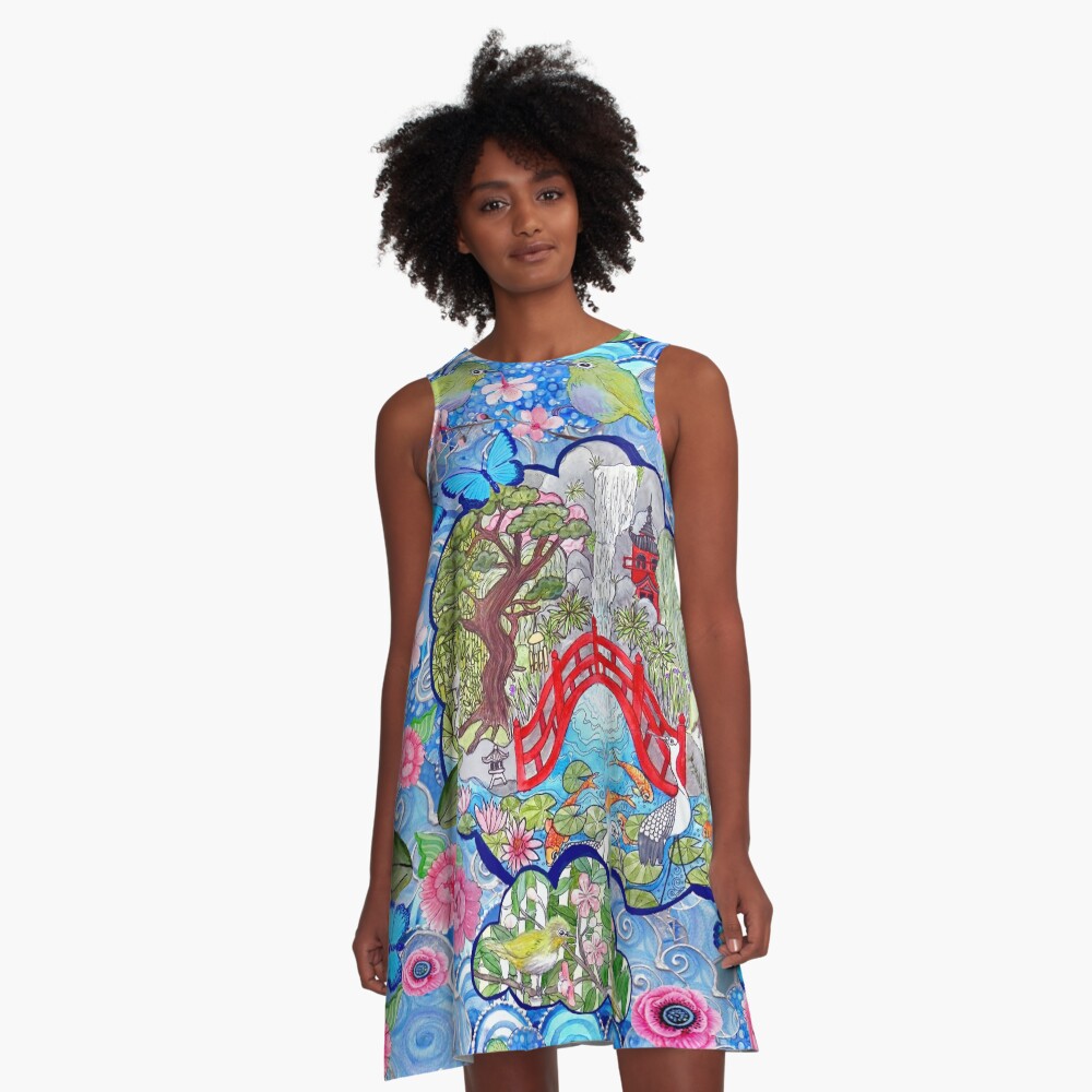 Japanese zen garden with cherry blossom, pagoda, bridge, koi pond and waterfall A-Line Dress