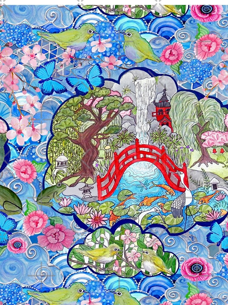 Japanese zen garden with cherry blossom, pagoda, bridge, koi pond and waterfall by MagentaRose