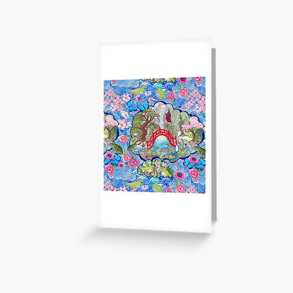 Japanese zen garden with cherry blossom, pagoda, bridge, koi pond and waterfall Greeting Card