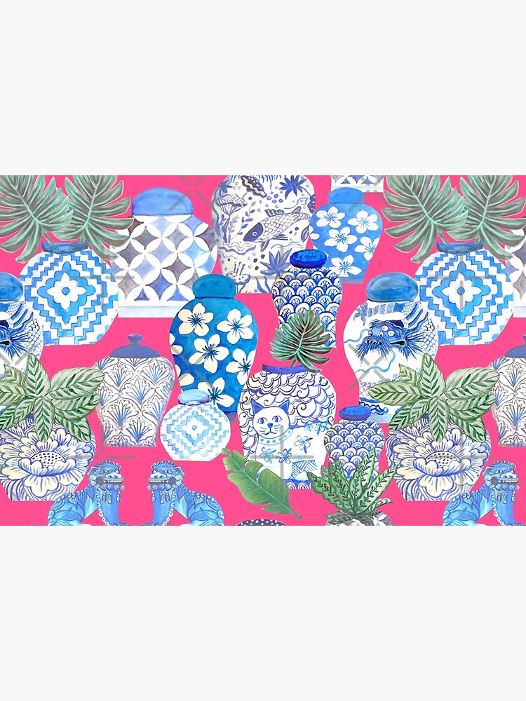 Blue and white china Chinese ginger jars on hot pink, watercolor Chinoiserie by MagentaRose