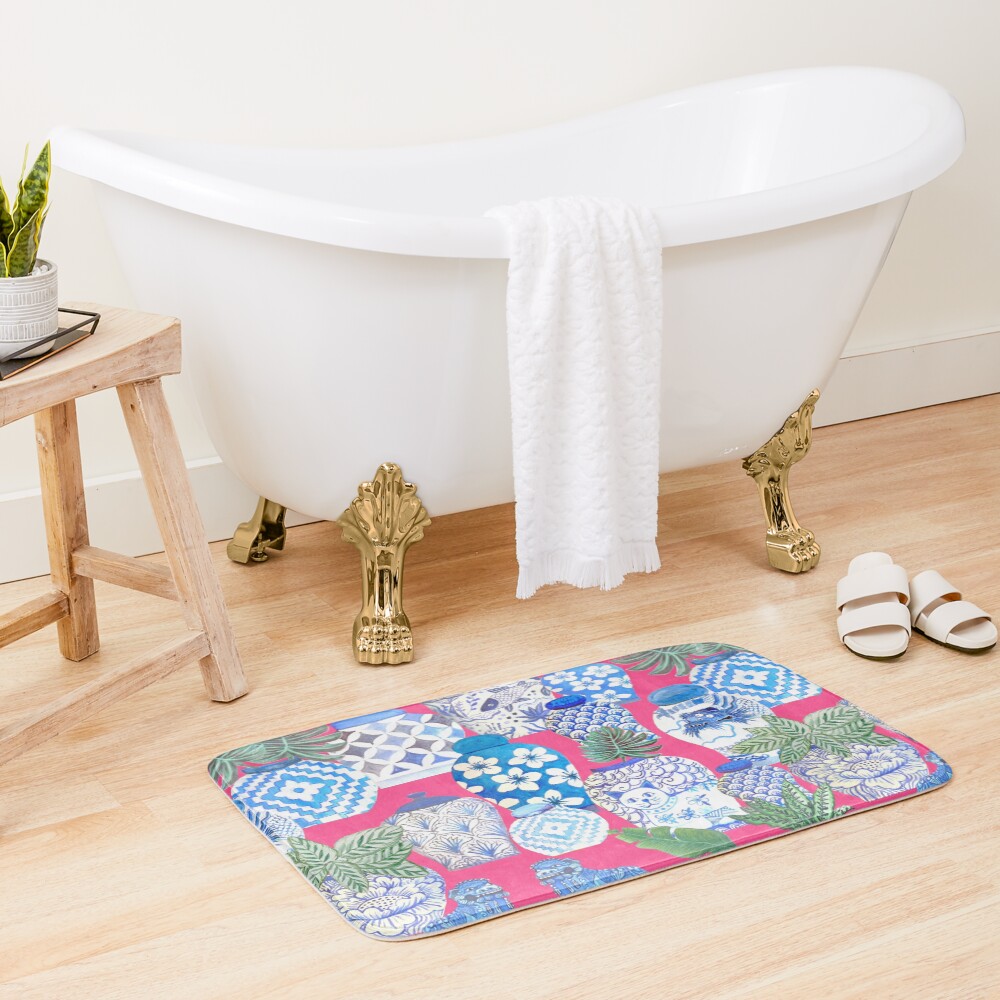 Blue and white china Chinese ginger jars on hot pink, watercolor Chinoiserie Bath Mat