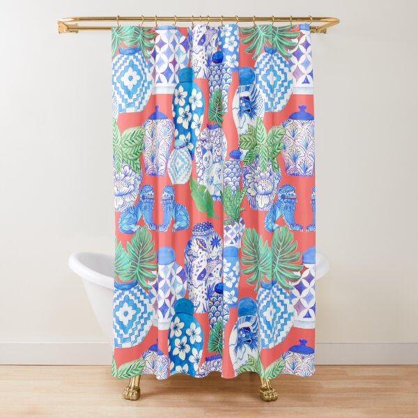 chinese ginger jars on coral Shower Curtain