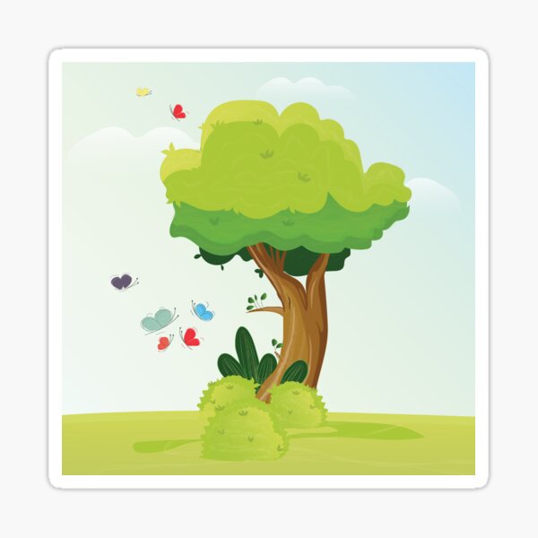 Tree with flying around color butterflies. Vector illustration Sticker