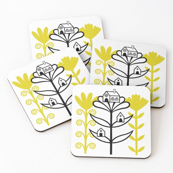 Item preview, Lovely Folktale Homes Sitting on Flowers Digital Illustration (black and yellow) designed and sold by wariana.