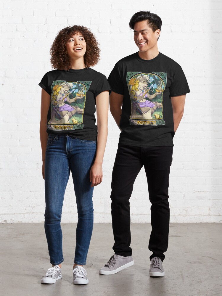 Classic T-Shirt, Sorcha Wolf Sorceress with Dragon Familiar Fantasy Furry Art designed and sold by cybercat