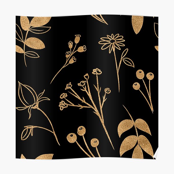 "Metallic Gold Leaf Flowers Pattern on Black Background" Poster by