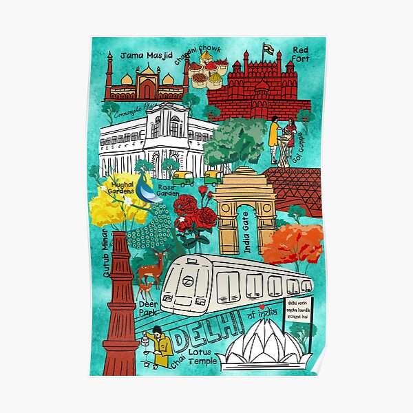 Hustling Bustling Colors of Delhi- Doodle Sketch Map Poster