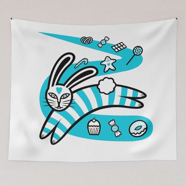 Item preview, Striped Rabbit Leaping On A Sweet Candy Road (black and sky blue) designed and sold by wariana.